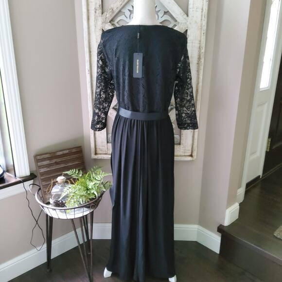 Ellen Weaver Women's Lace Top Overlay Ribbon Belt Maxi Dress in Black - Picture 5 of 14